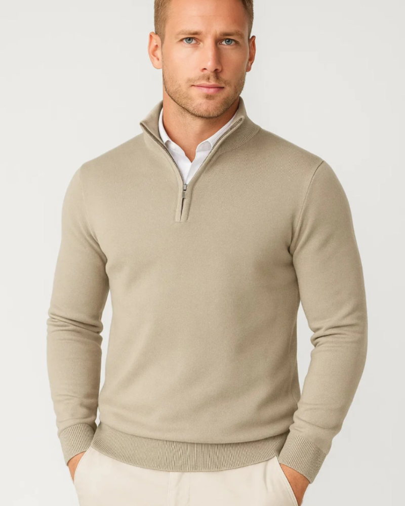 Bastien | Pull Camionneur Homme Col Montant Demi-Zip en Maille Confort - Beige