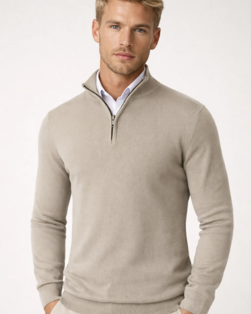 Bastien | Pull Camionneur Homme Col Montant Demi-Zip en Maille Confort - Kaki