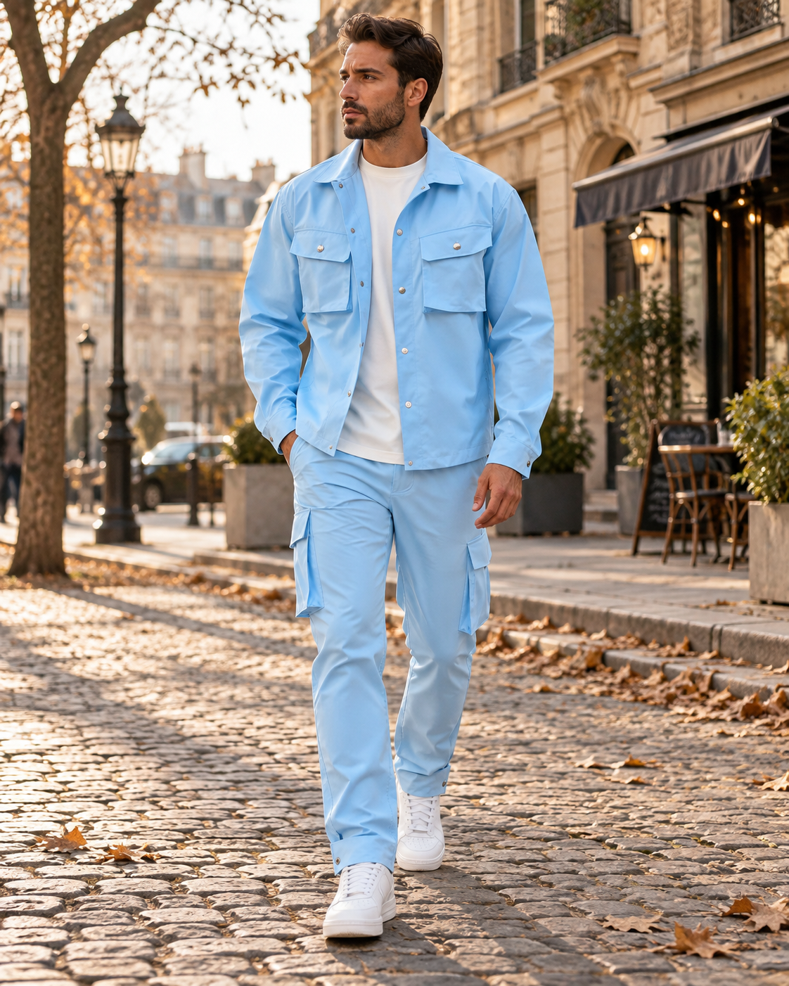 Benoît | Ensemble Cargo Homme 2 Pièces Veste Zippée et Pantalon Multipoches - Bleu ciel