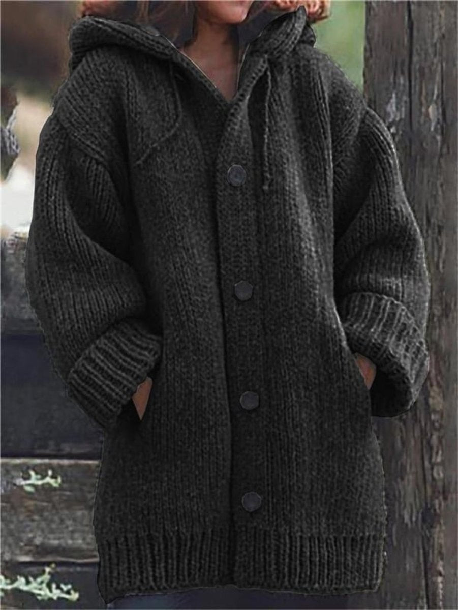 Bérangère | Gilet Long Femme à Capuche en Grosse Maille Boutonné avec Poches - Noir