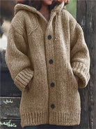 Bérangère | Gilet Long Femme à Capuche en Grosse Maille Boutonné avec Poches - Camel