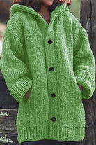 Bérangère | Gilet Long Femme à Capuche en Grosse Maille Boutonné avec Poches - Vert pomme