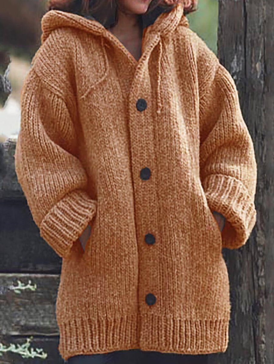 Bérangère | Gilet Long Femme à Capuche en Grosse Maille Boutonné avec Poches - Orange cuivré