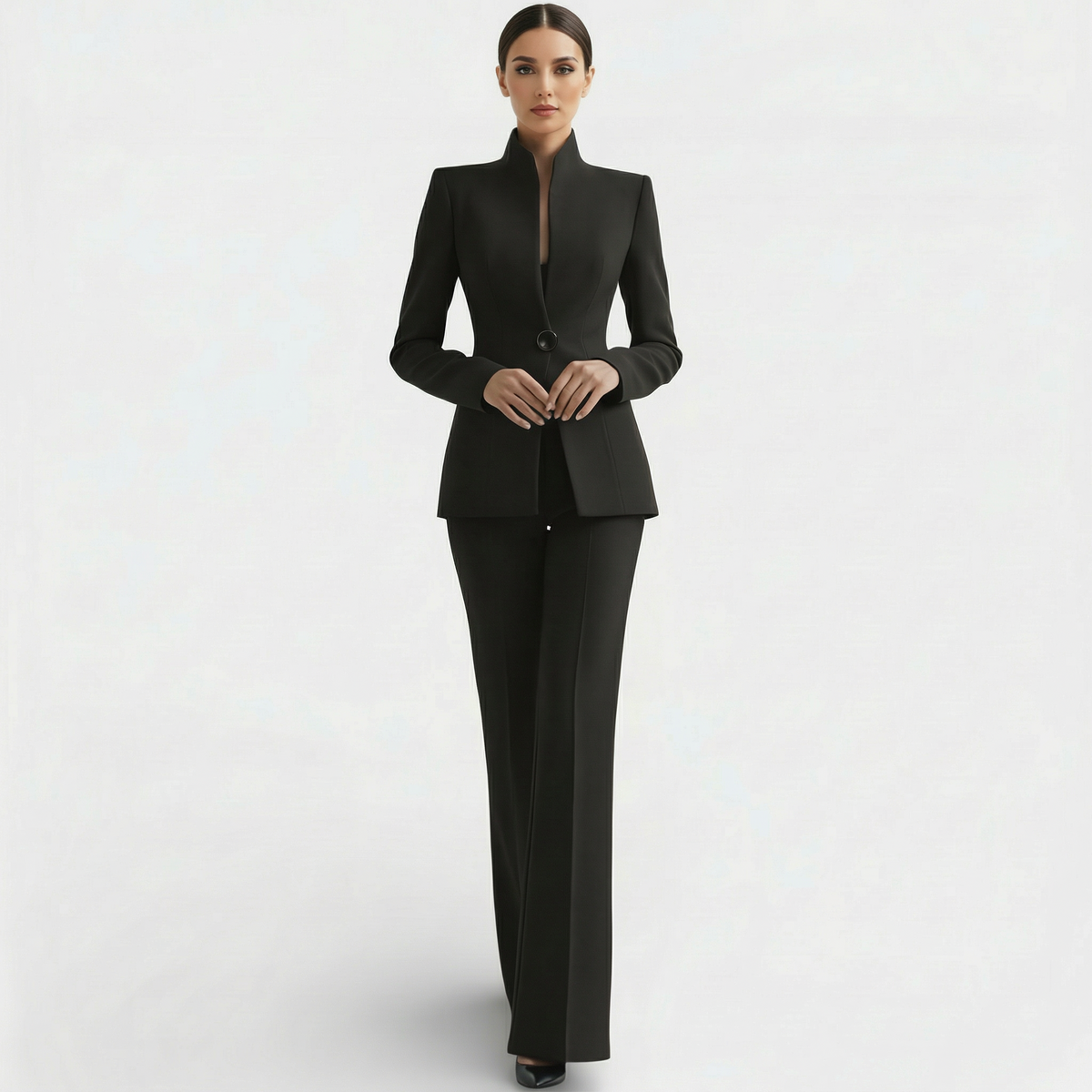 Bertille | Tailleur Pantalon Femme Blazer Cintré à Col Montant et Pantalon Évasé - vue 10