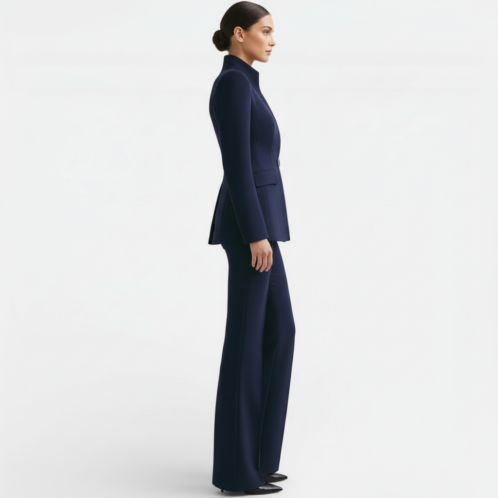 Bertille | Tailleur Pantalon Femme Blazer Cintré à Col Montant et Pantalon Évasé - vue 7
