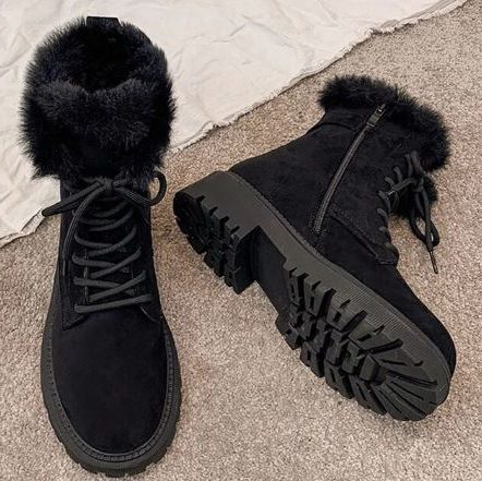 Bettina | Bottines Fourrées Femme à Lacets et Col Fausse Fourrure - Noir