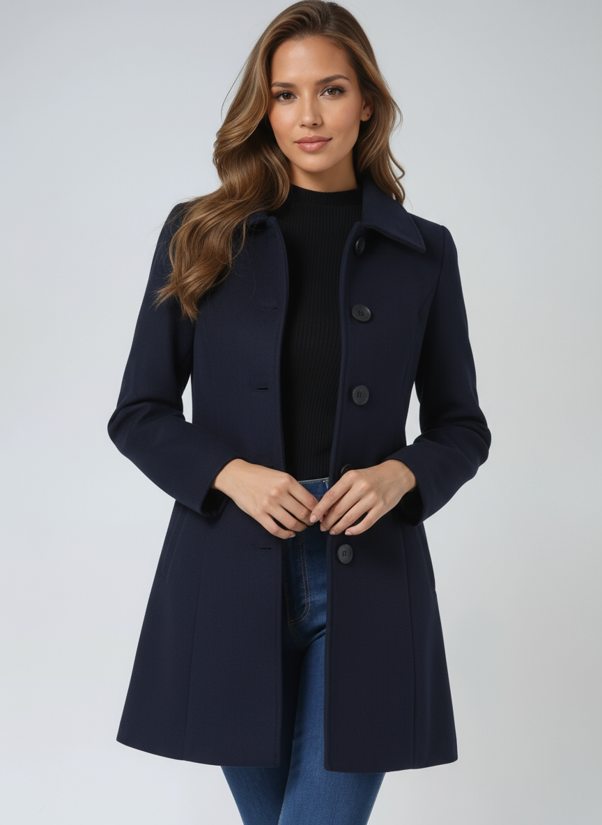 Blanche | Manteau Mi-Long Femme Doublé à Col Classique et Coupe Ajustée - Bleu marine
