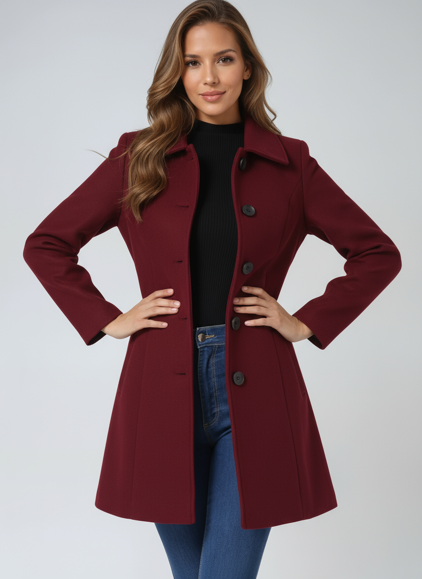 Blanche | Manteau Mi-Long Femme Doublé à Col Classique et Coupe Ajustée - Bordeaux