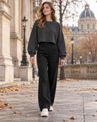 Blandine | Sweat Court Femme Col Rond à Manches Ballon et Poignets Côtelés - Gris foncé