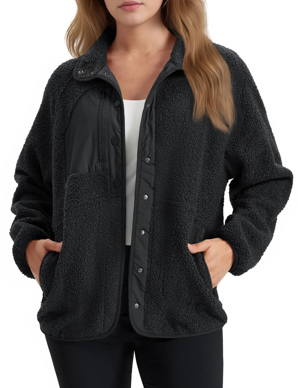 Brigitte | Veste Sherpa Femme à Col Rabattu et Boutons, Poches Latérales - Noir