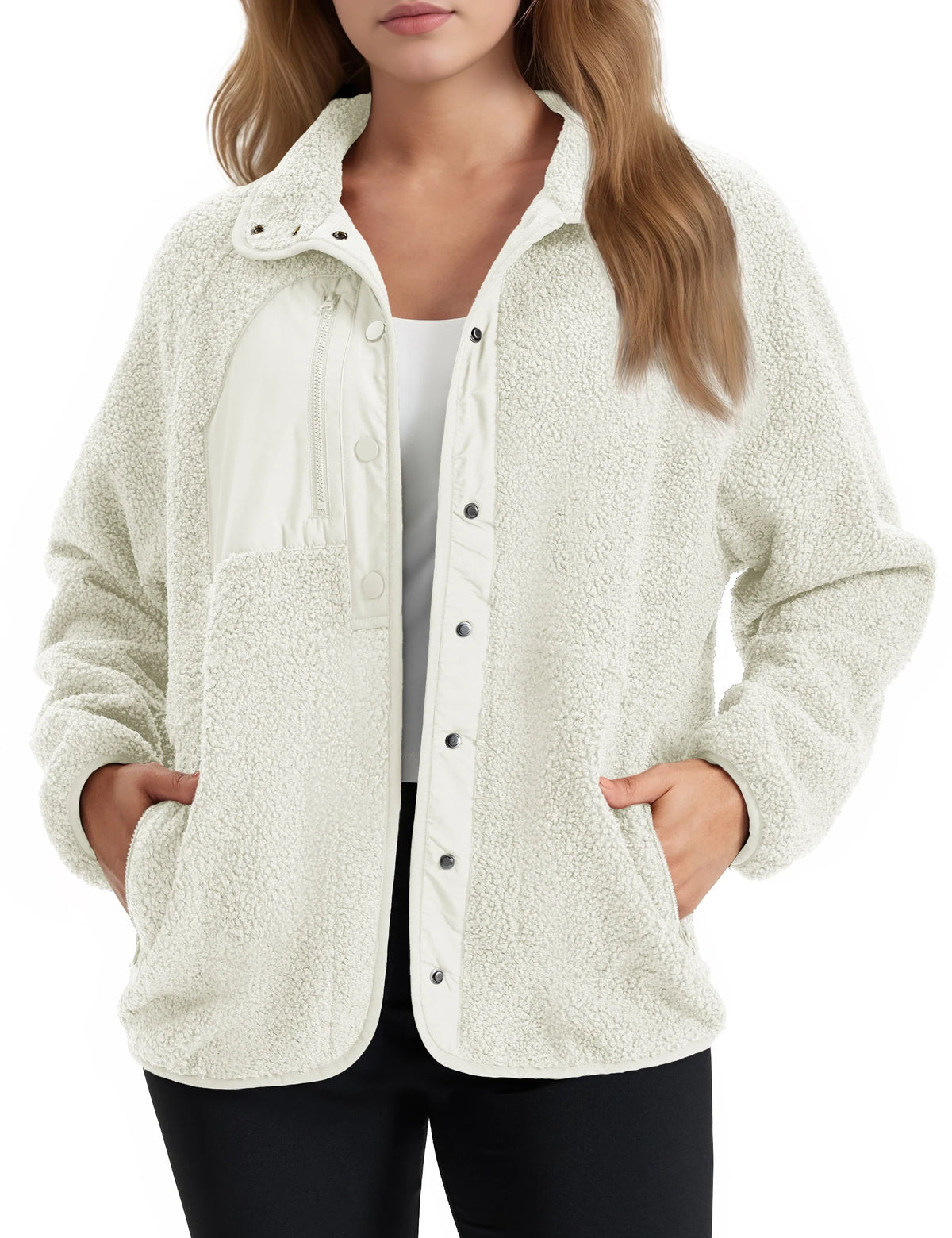 Brigitte | Veste Sherpa Femme à Col Rabattu et Boutons, Poches Latérales - Beige