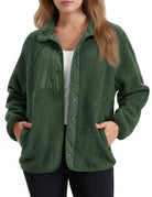 Brigitte | Veste Sherpa Femme à Col Rabattu et Boutons, Poches Latérales - Vert armée