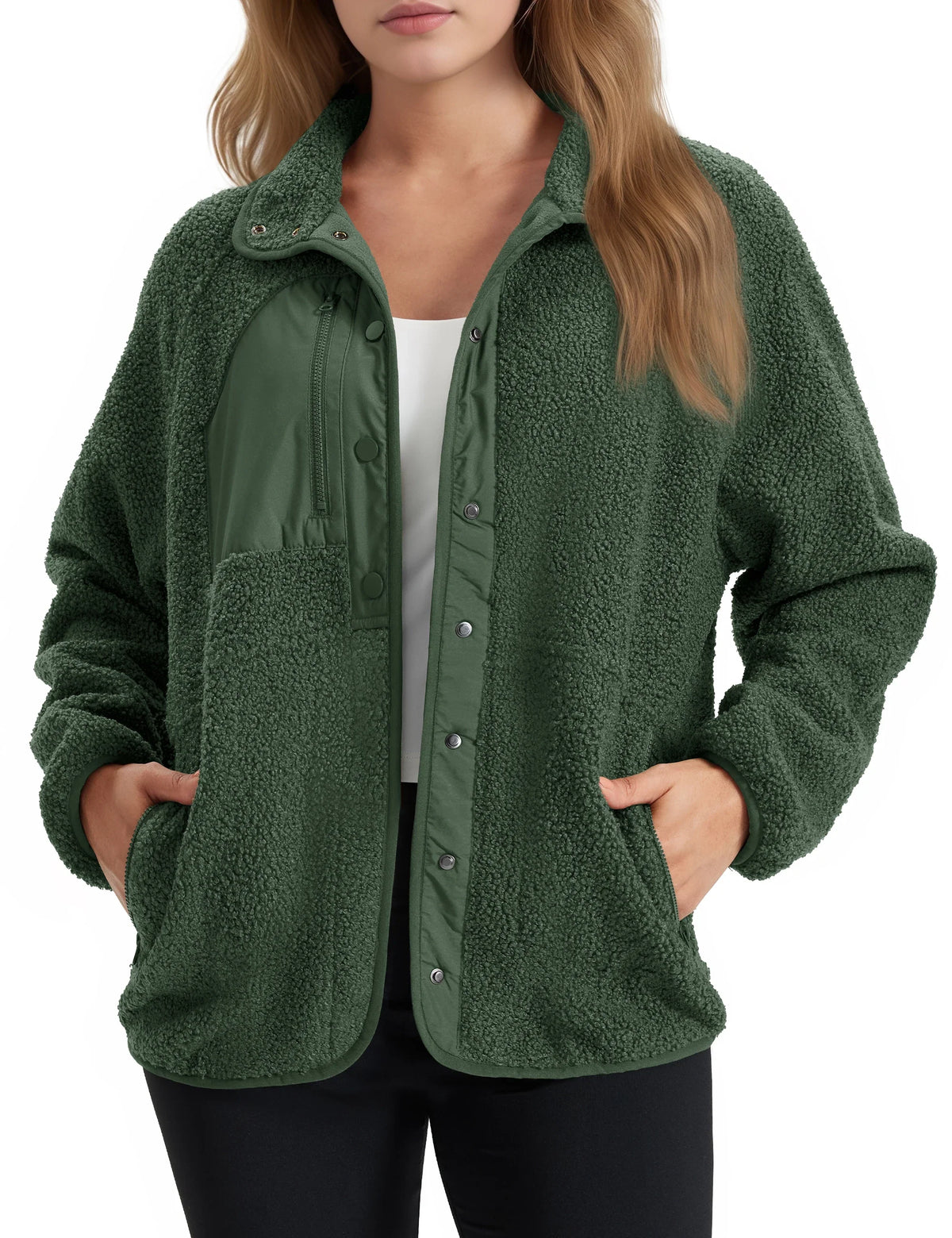 Brigitte | Veste Sherpa Femme à Col Rabattu et Boutons, Poches Latérales - Vert armée