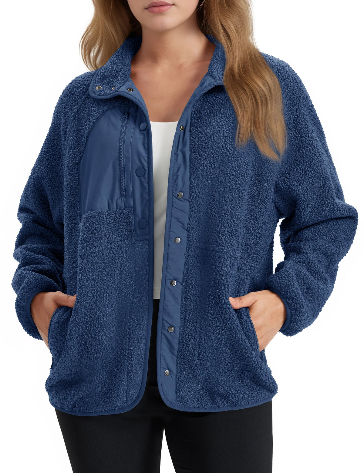 Brigitte | Veste Sherpa Femme à Col Rabattu et Boutons, Poches Latérales - Bleu roi