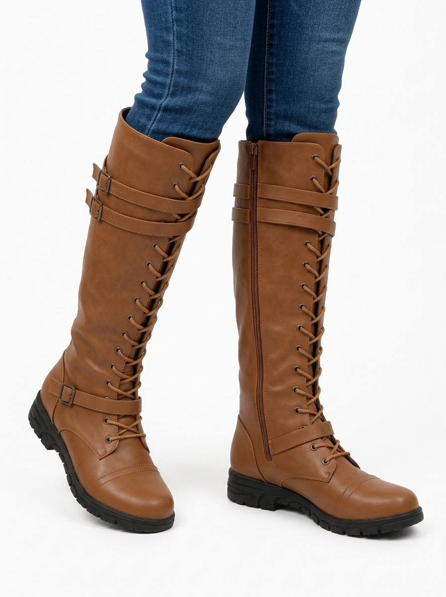 Camille | Bottes Hautes Femme à Lacets et Brides à Boucles Semelle Crantée - vue 1