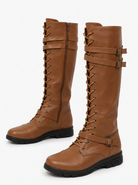 Camille | Bottes Hautes Femme à Lacets et Brides à Boucles Semelle Crantée - Cognac