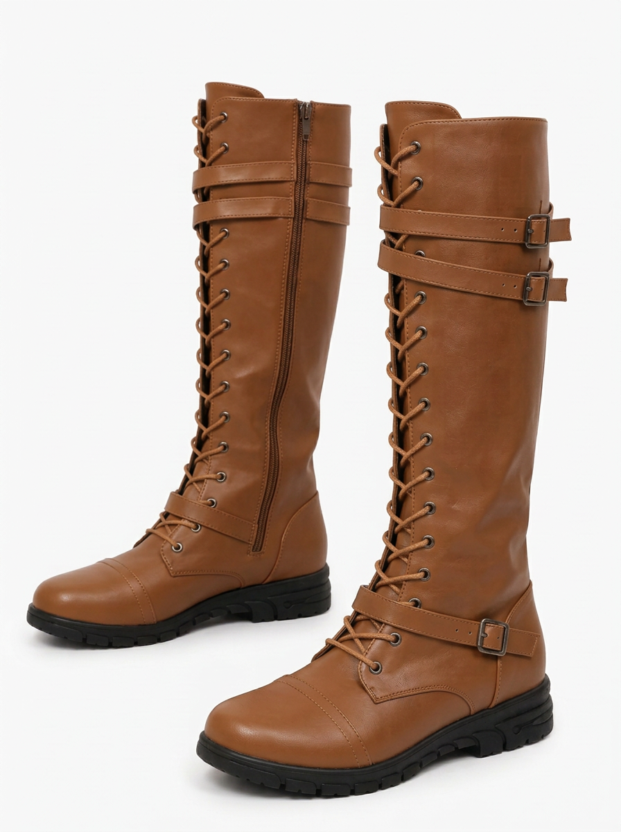 Camille | Bottes Hautes Femme à Lacets et Brides à Boucles Semelle Crantée - Cognac