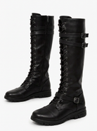 Camille | Bottes Hautes Femme à Lacets et Brides à Boucles Semelle Crantée - Noir