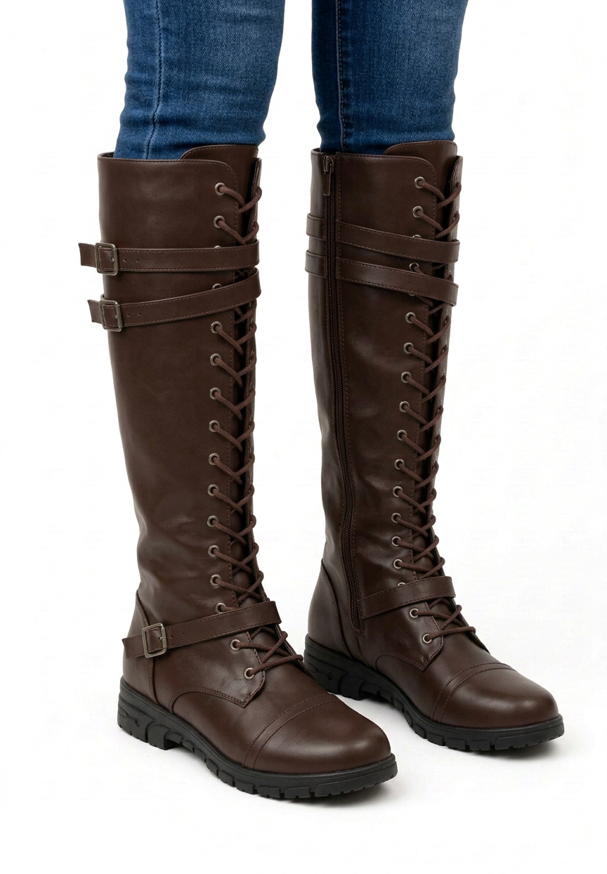 Camille | Bottes Hautes Femme à Lacets et Brides à Boucles Semelle Crantée - vue 5