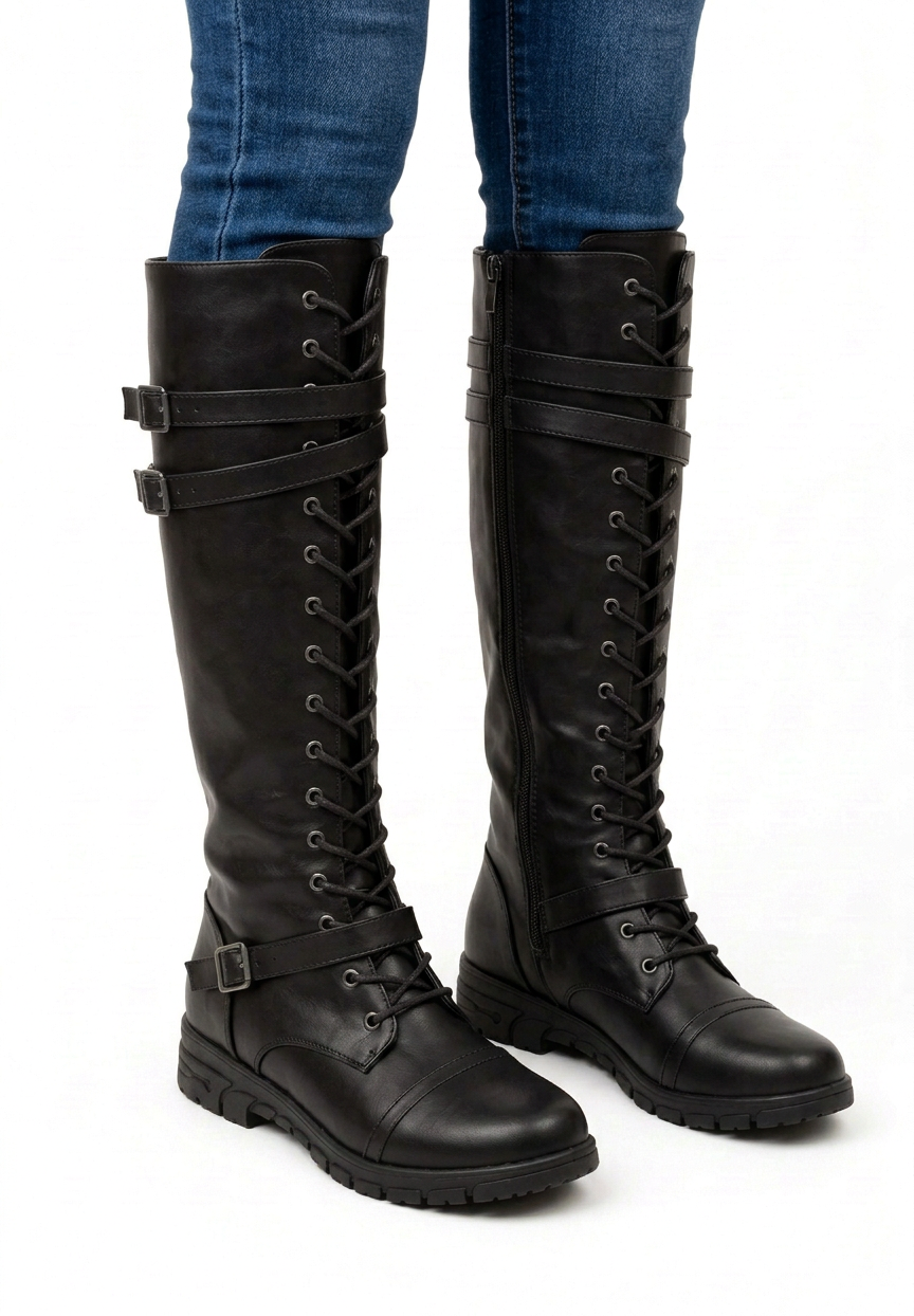 Camille | Bottes Hautes Femme à Lacets et Brides à Boucles Semelle Crantée - vue 6
