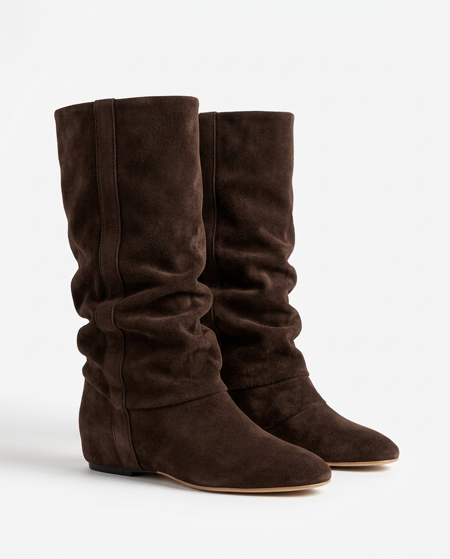 Carole | Bottes Mi-Hautes Femme Aspect Daim à Tige Froncée et Talon Compensé - Marron foncé