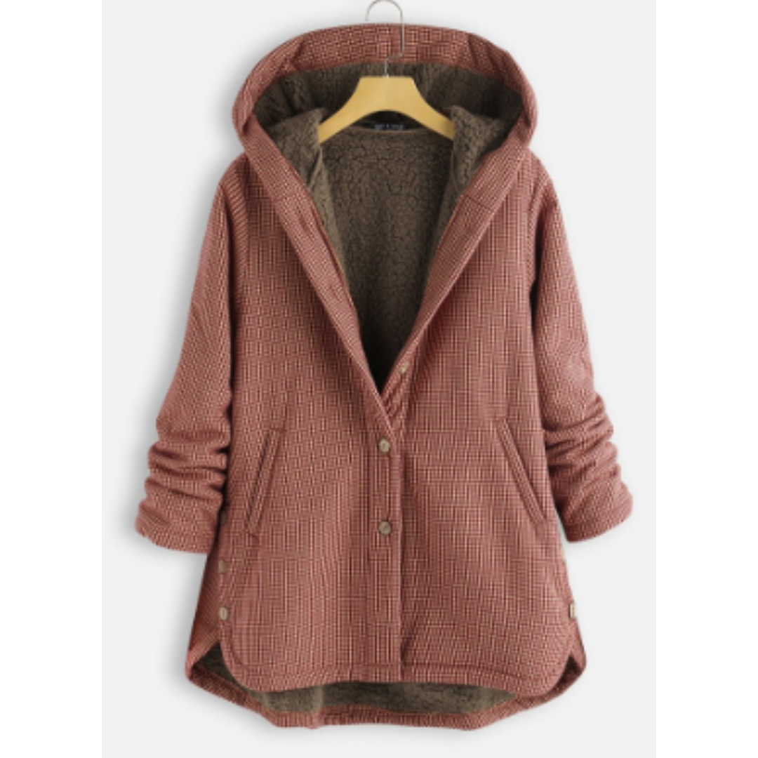 Cécile | Veste à Capuche Femme Doublée Sherpa à Petits Carreaux - Rouge