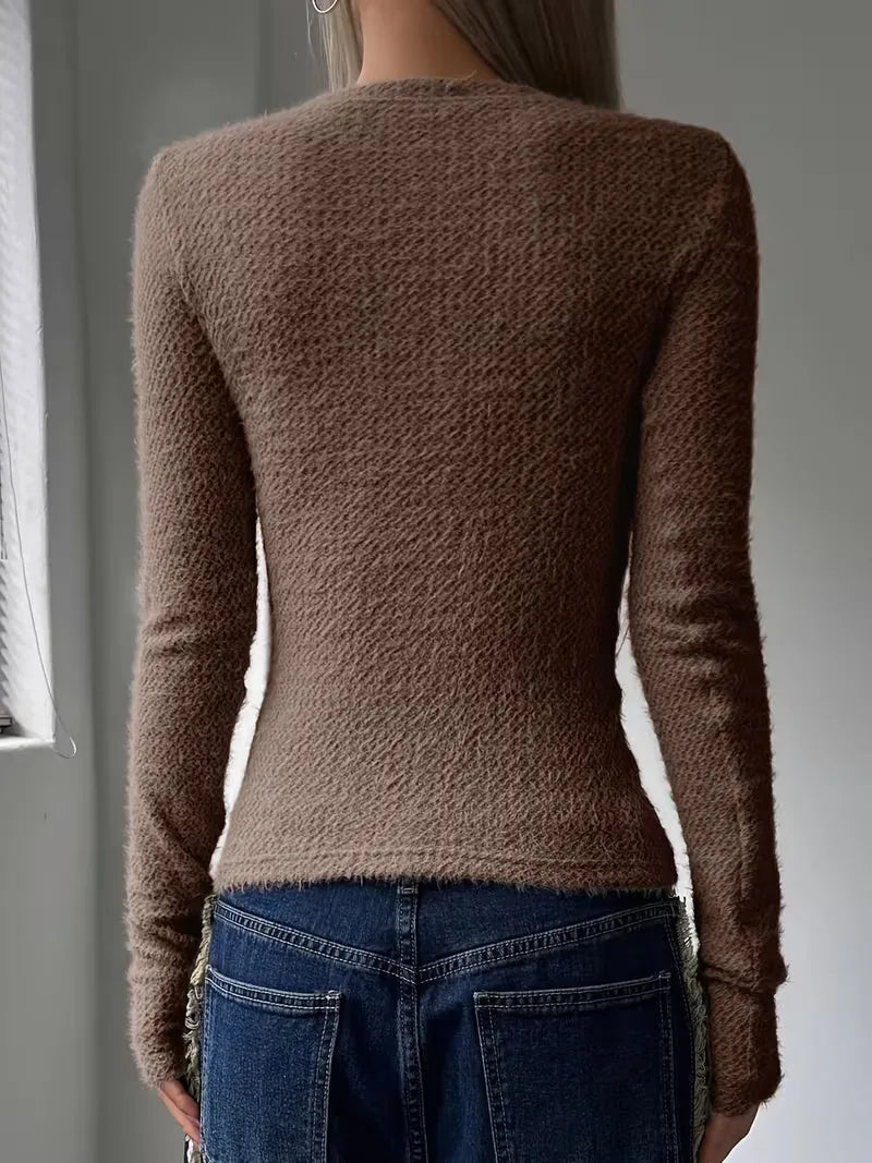 Céleste | Haut Manches Longues Femme en Maille Douce Texturée Col Rond - vue 8