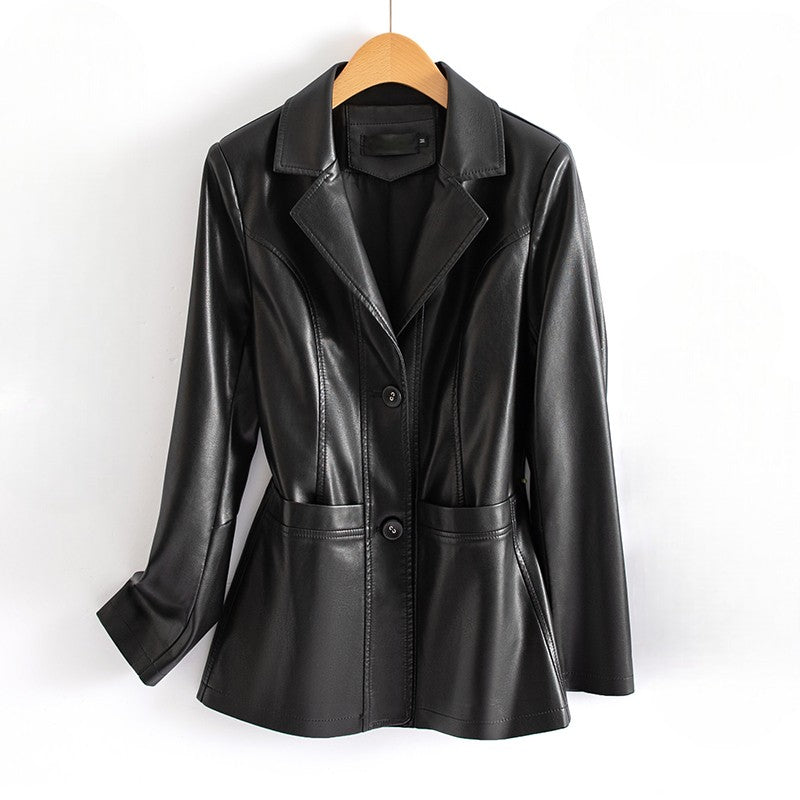 Charlotte | Veste Cintrée Effet Cuir Femme à Poches Plaquées - Noir