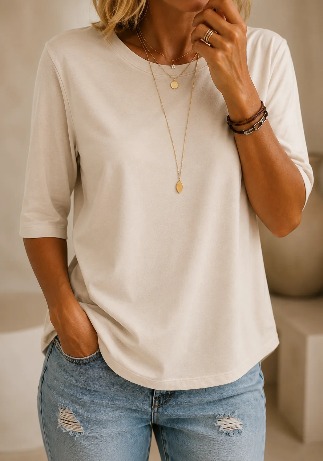 Ines Paris | T-shirt femme col rond manches trois-quarts