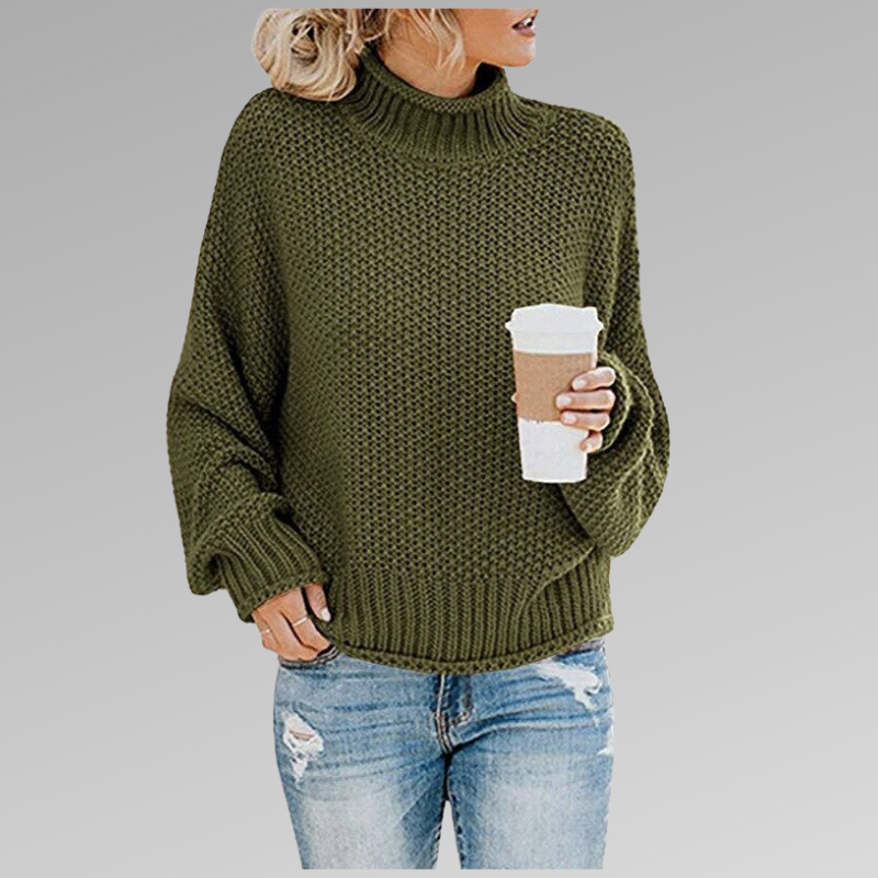 Christelle | Pull Femme Col Montant en Grosse Maille Texturée - Vert olive