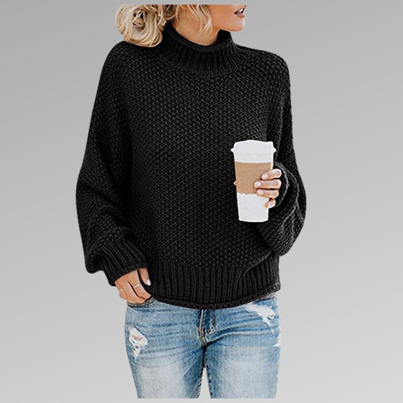 Christelle | Pull Femme Col Montant en Grosse Maille Texturée - Noir