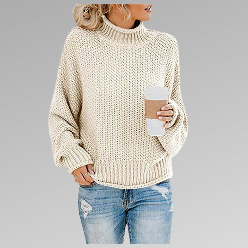 Christelle | Pull Femme Col Montant en Grosse Maille Texturée - Crème
