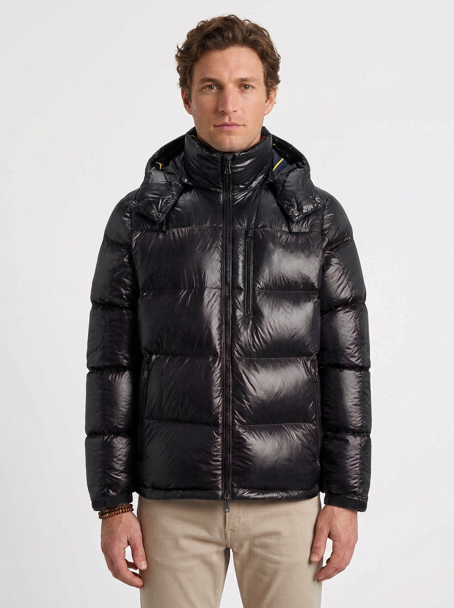 Christophe | Doudoune Homme Matelassée Brillante à Capuche - Noir
