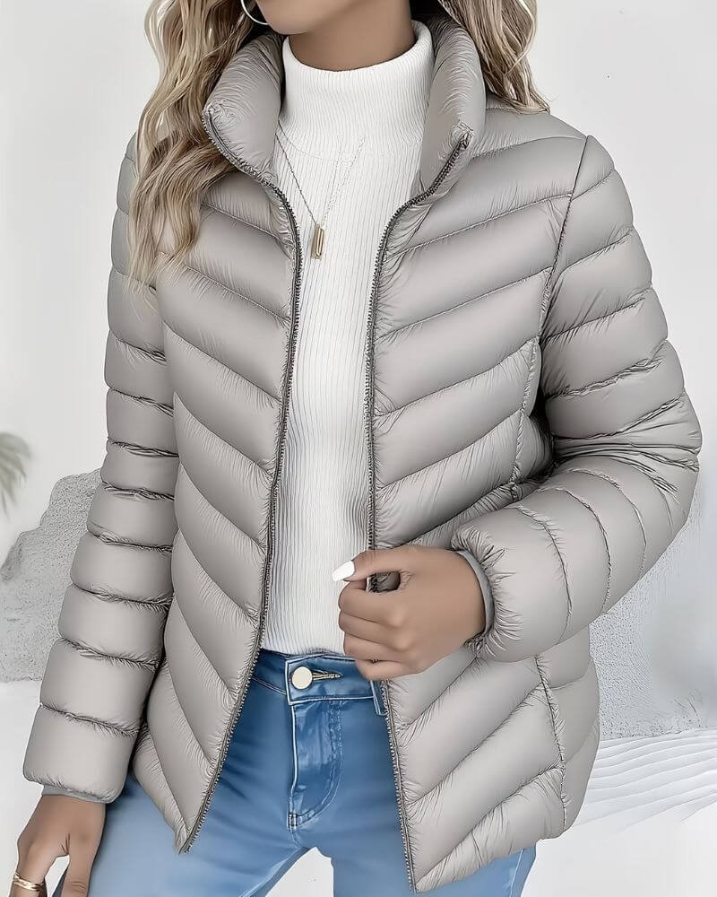 Clarisse | Veste Matelassée Courte Femme Zippée à Col Montant - Gris
