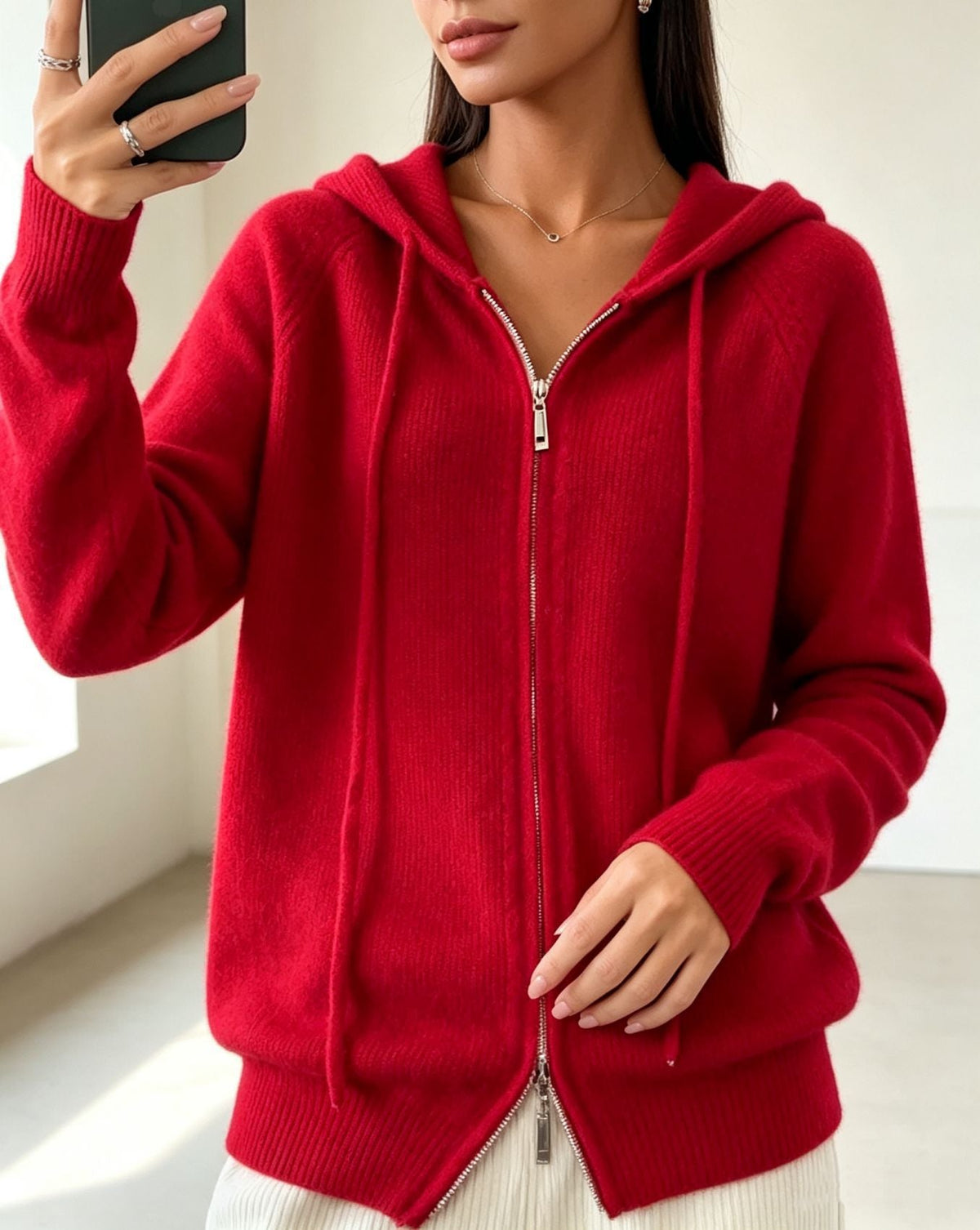 Clémentine | Gilet Zippé à Capuche Femme en Maille Douce et Bords Côtelés - Rouge vif