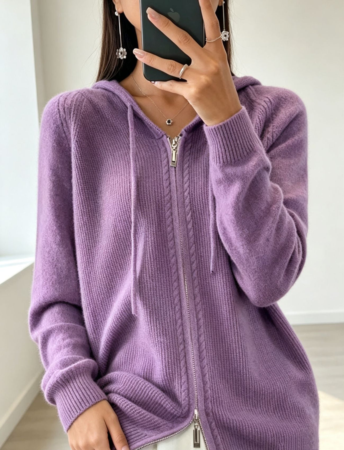 Clémentine | Gilet Zippé à Capuche Femme en Maille Douce et Bords Côtelés - Lilas
