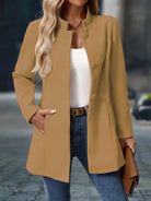 Clotilde | Veste Longue Femme à Col Montant et Gros Boutons - Camel