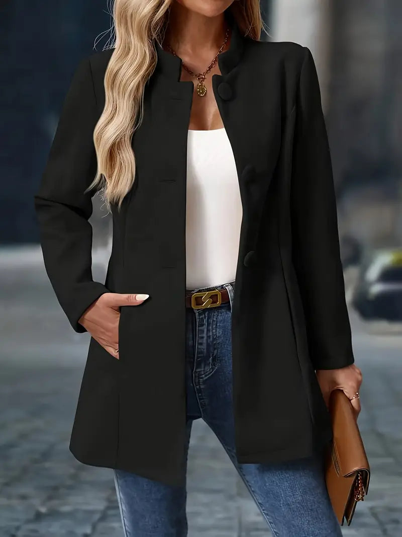 Clotilde | Veste Longue Femme à Col Montant et Gros Boutons - Noir
