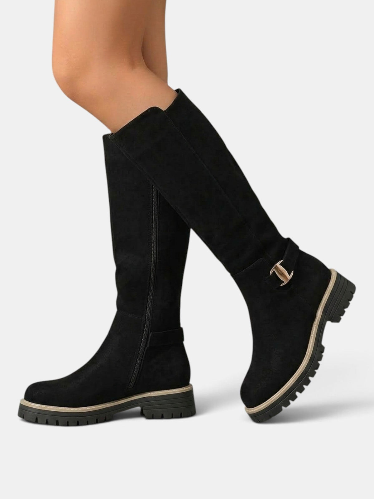 Constance | Bottes Hautes Femme Aspect Daim à Talon Large et Semelle Crantée - Noir