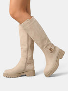Constance | Bottes Hautes Femme Aspect Daim à Talon Large et Semelle Crantée - Beige