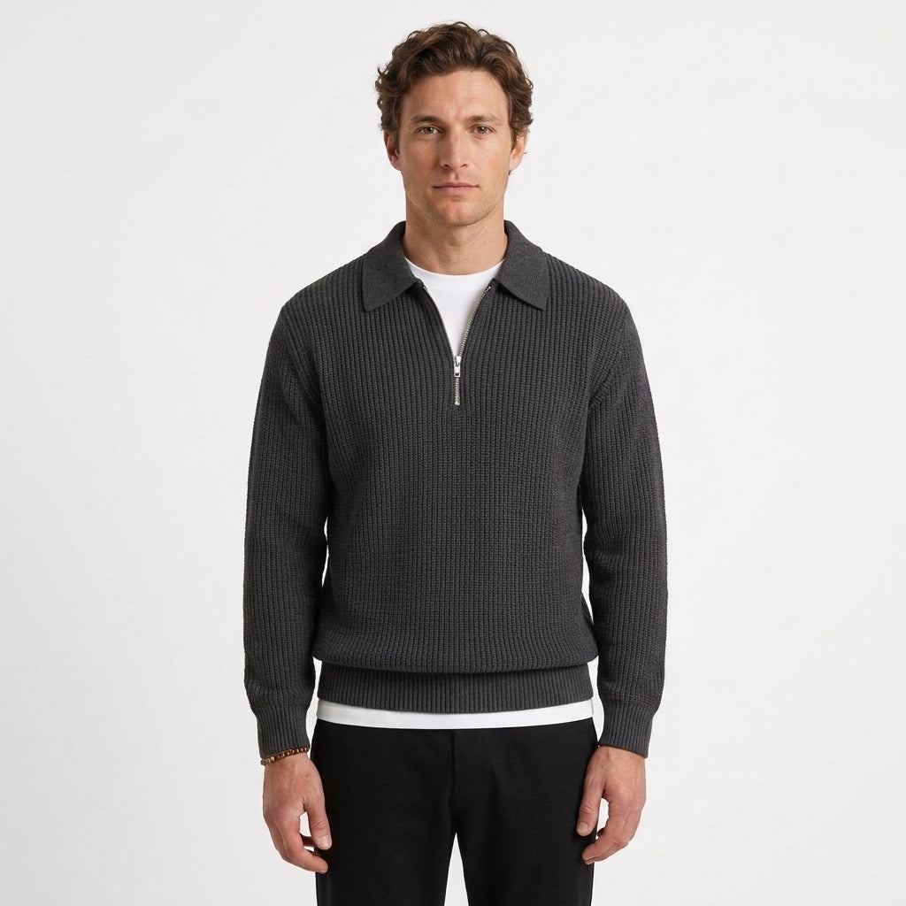 Corentin | Pull Homme Col Montant Zippé en Maille Texturée - Anthracite