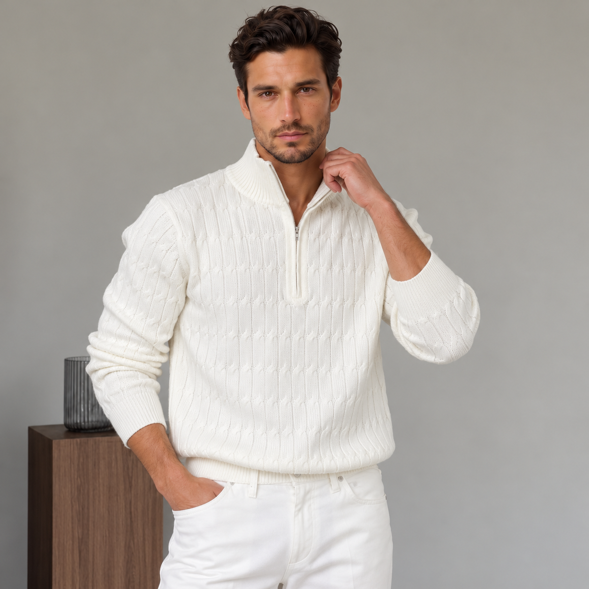 Damien | Pull Homme Demi-Zip en Maille Torsadée à Col Montant - vue 1