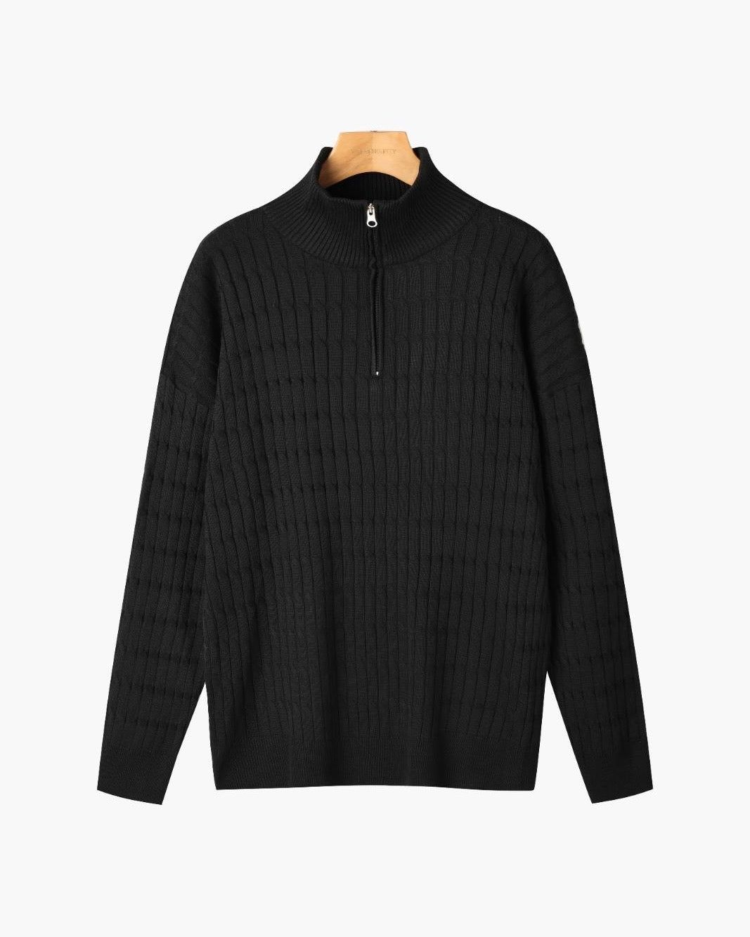 Damien | Pull Homme Demi-Zip en Maille Torsadée à Col Montant - Noir