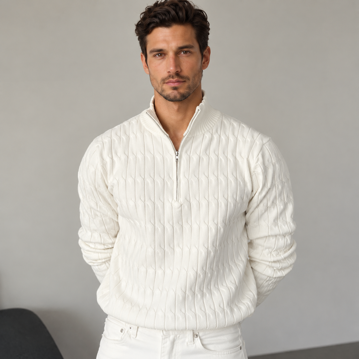 Damien | Pull Homme Demi-Zip en Maille Torsadée à Col Montant - vue 3