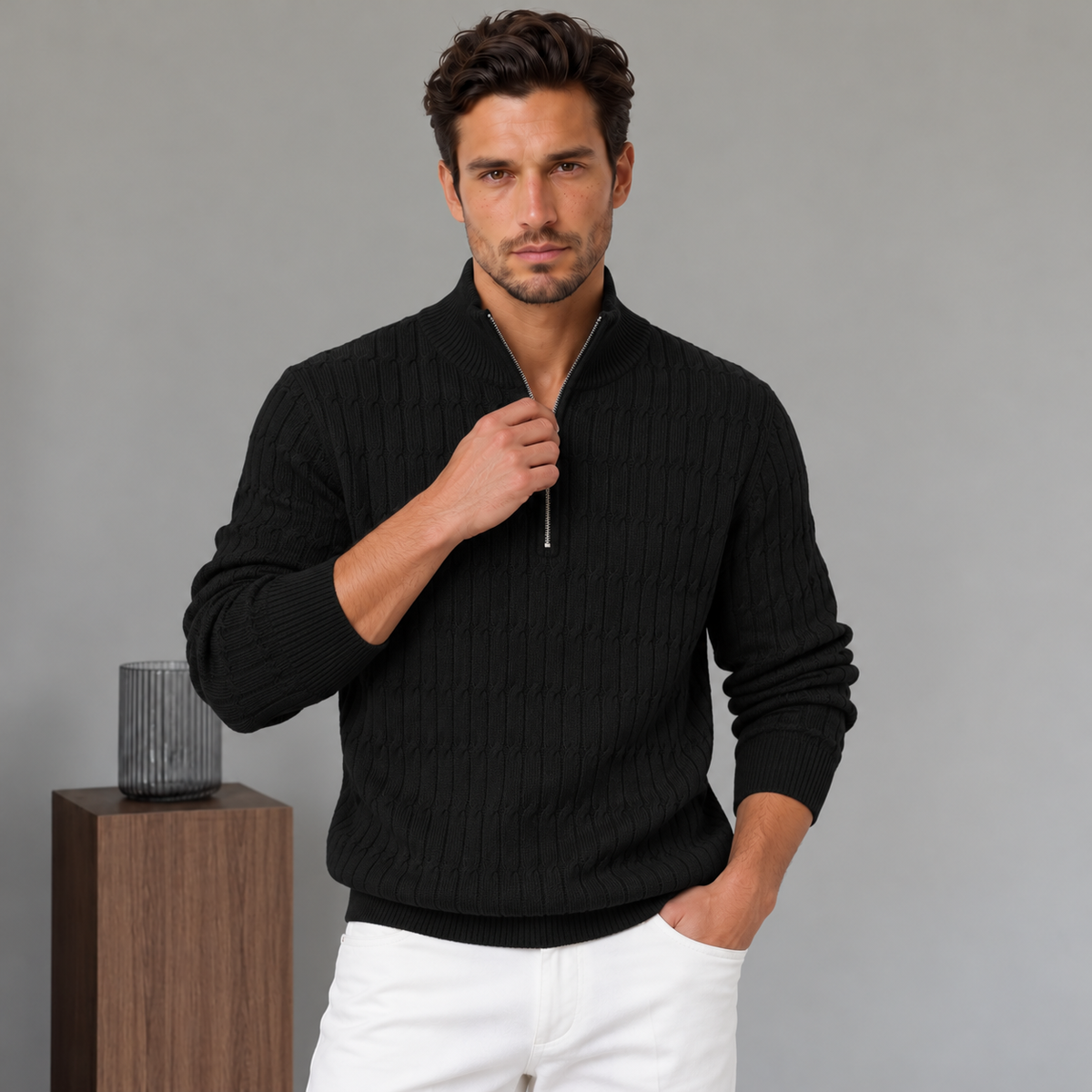 Damien | Pull Homme Demi-Zip en Maille Torsadée à Col Montant - vue 9