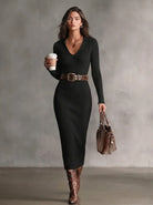 Danielle | Robe Pull Midi Femme Ajustée à Col Montant en V et Ceinture - Noir