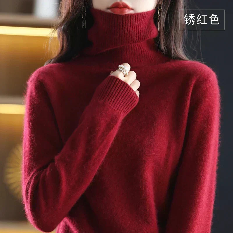 Delphine | Pull Col Roulé Femme Toucher Cachemire Coupe Ajustée - Rouge foncé