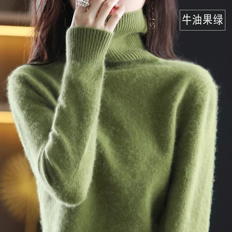 Delphine | Pull Col Roulé Femme Toucher Cachemire Coupe Ajustée - Vert olive
