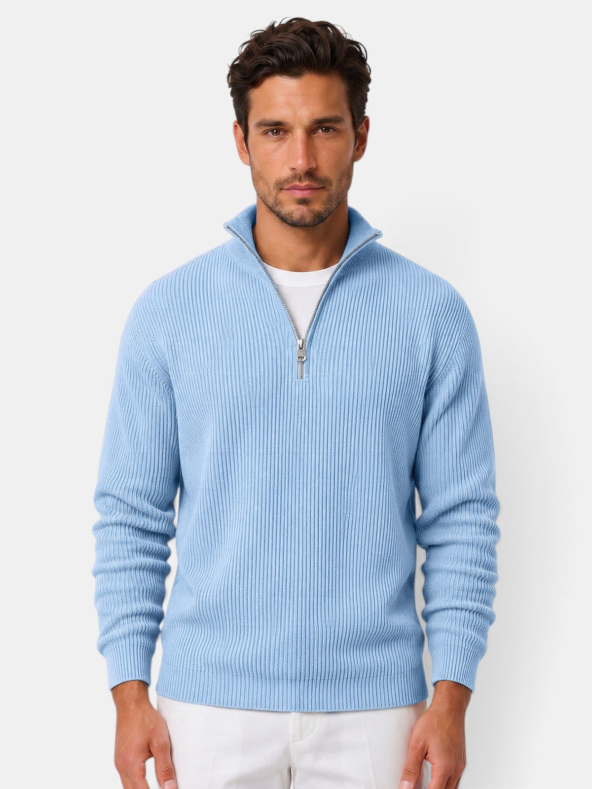 Désiré | Pull Homme Côtelé à Col Zippé Coupe Décontractée - Bleu ciel