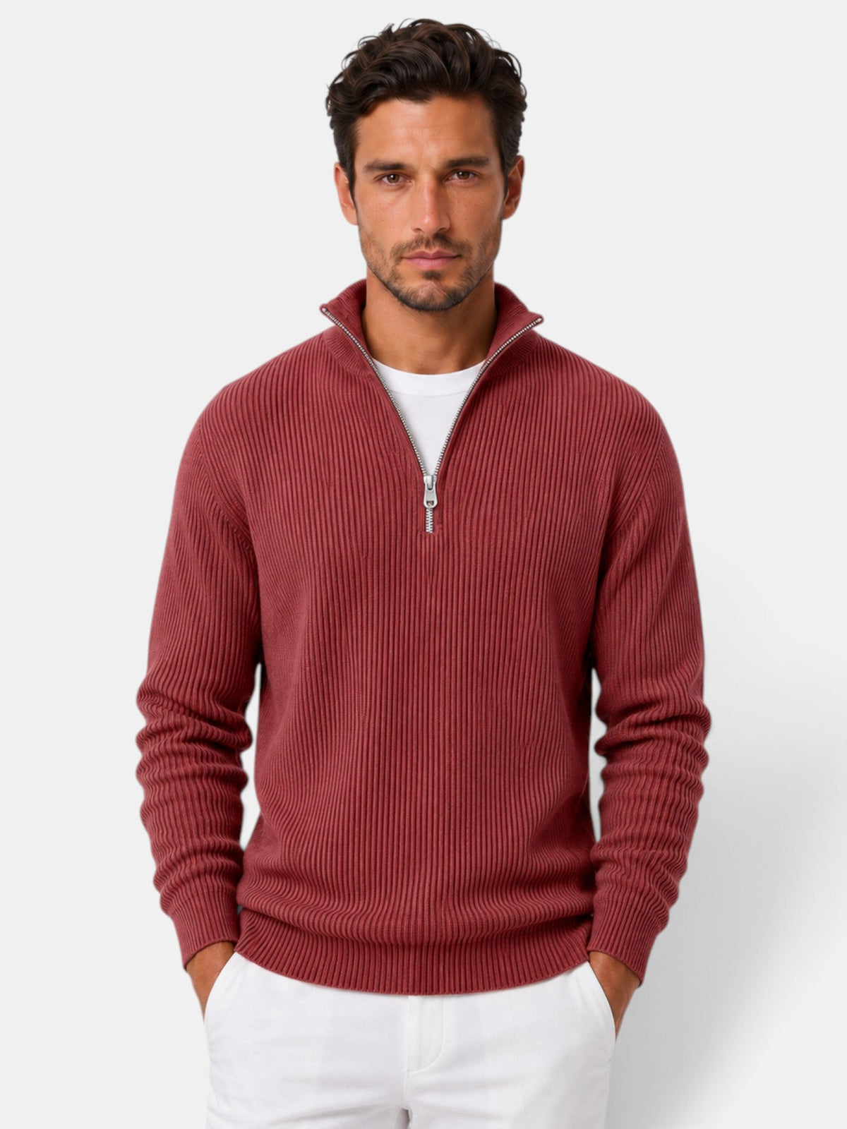 Désiré | Pull Homme Côtelé à Col Zippé Coupe Décontractée - Rouge